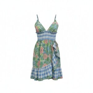 ASOS Design Womens Floral Gingham Mixed Print Smocked Mini Dress Blue Green US 6